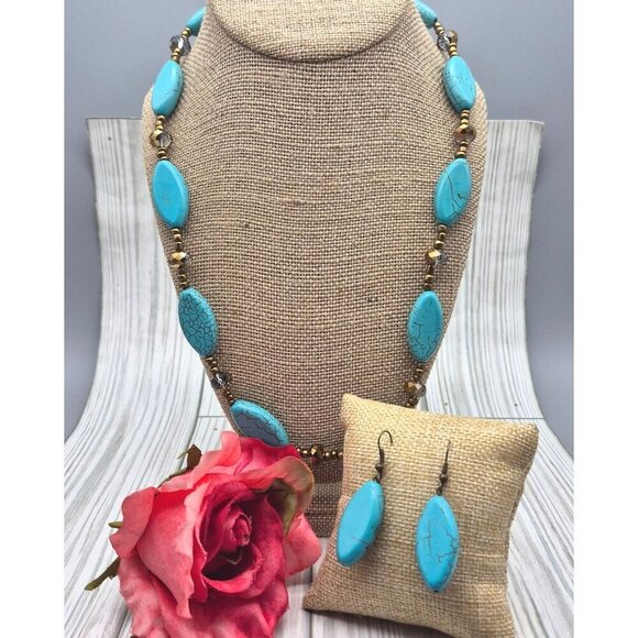 Artisan Bronze Bead & Howlite Stone Faux Turquoise Collar Necklace & Earring Set - Picture 2 of 12